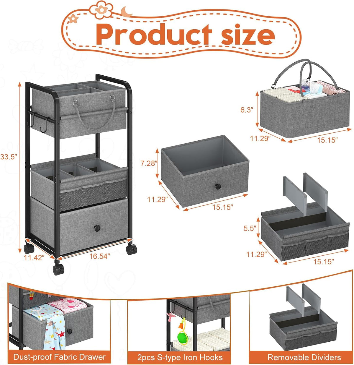 Cidaziya 3In1 Baby Diaper Caddy Organizer, 3 Tier Rolling Cart with Drawer, Detachable Dividers, Mobile Utility Cart Baby Dresser Clothes Organizer for Crib, Bedroom, Art & Craft Storage, Grey