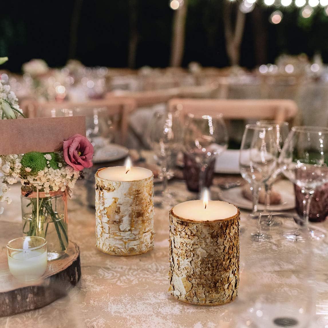 Serene Spaces Living Birch Bark Unscented Pillar Candles, Rustic Decorative Candles for Weddings, Events, Restaurants, Parties & Natural Home Decor, 3" Diameter x 4" Tall, Pack of 3
