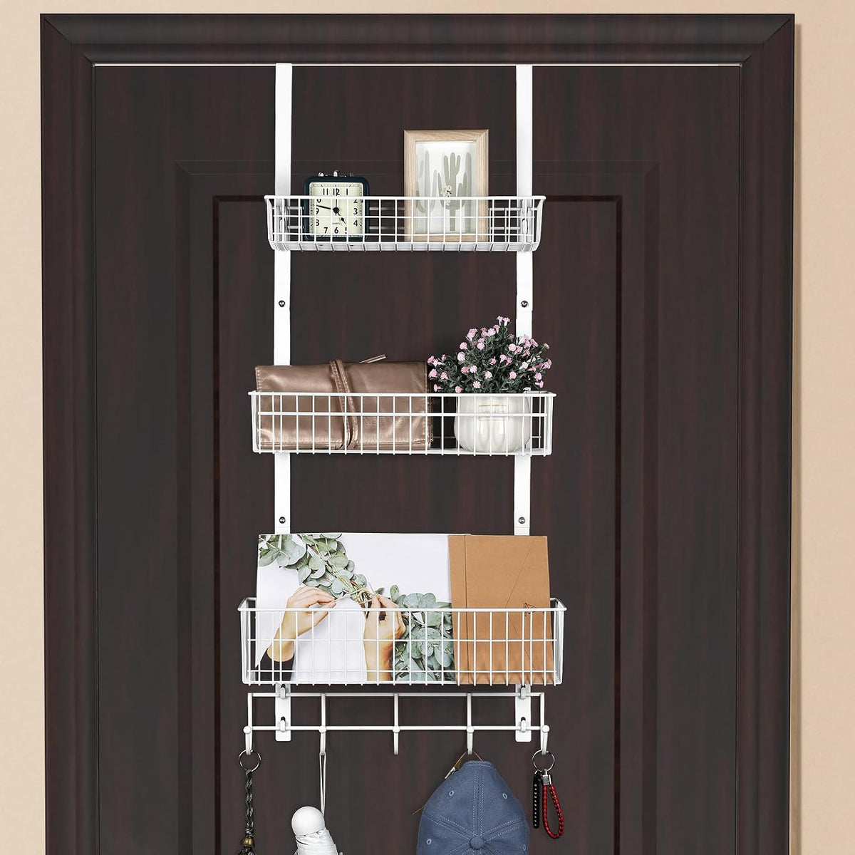 ETELI Over The Door Storage Organizer with 3 Mesh Baskets and 5 Hooks Heavy Duty Pantry Door Organizer Back of Door Storage Rack for Bathroom, Kitchen, Office, White