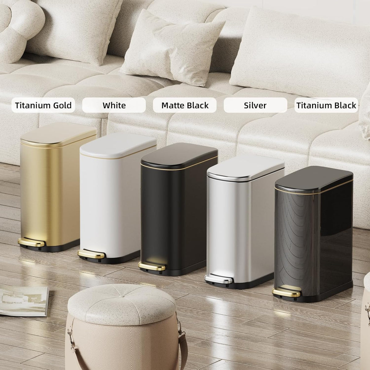 2.6 Gal Bathroom Trash Can with Soft Close Stay Open Lid, Small Rectangular 10L Stainless Steel Waste bin for Narrow Space, Waterproof, Titanium Black