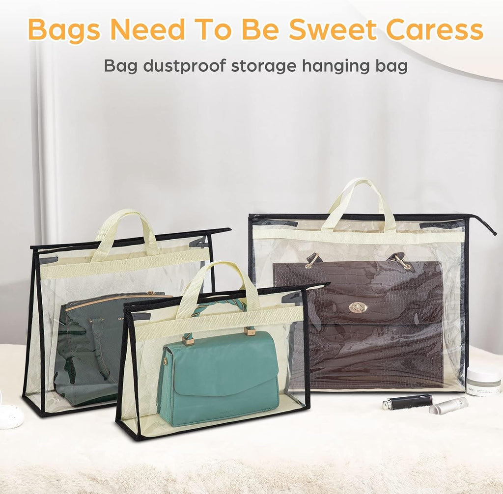 12 Packs Dust Bags for Handbags, Clear Handbag Storage, Purse Storage Organizer for Closet, Purse Cover Hanging Closet Organizer with Zipper and Handles