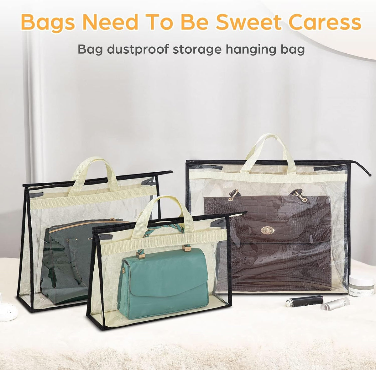 12 Packs Dust Bags for Handbags, Clear Handbag Storage, Purse Storage Organizer for Closet, Purse Cover Hanging Closet Organizer with Zipper and Handles