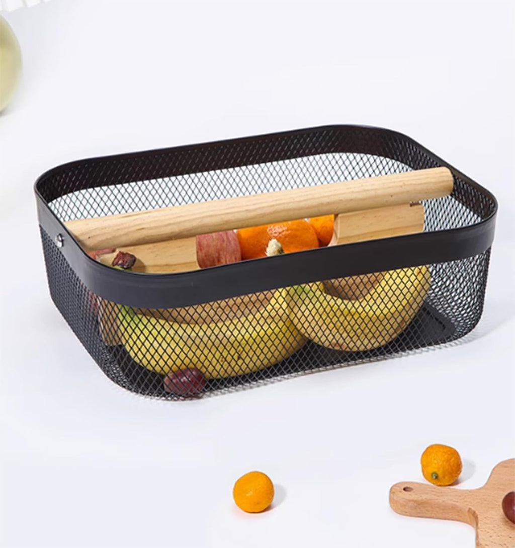 AJIODA Metal Mesh Steel Storage Basket, Garden Harvest Wire Organizer Basket Multi-functional Kitchen Fruit Basket with Wooden Removable Partition & Handle for Bathroom Picnic Decor Cabinet, Black