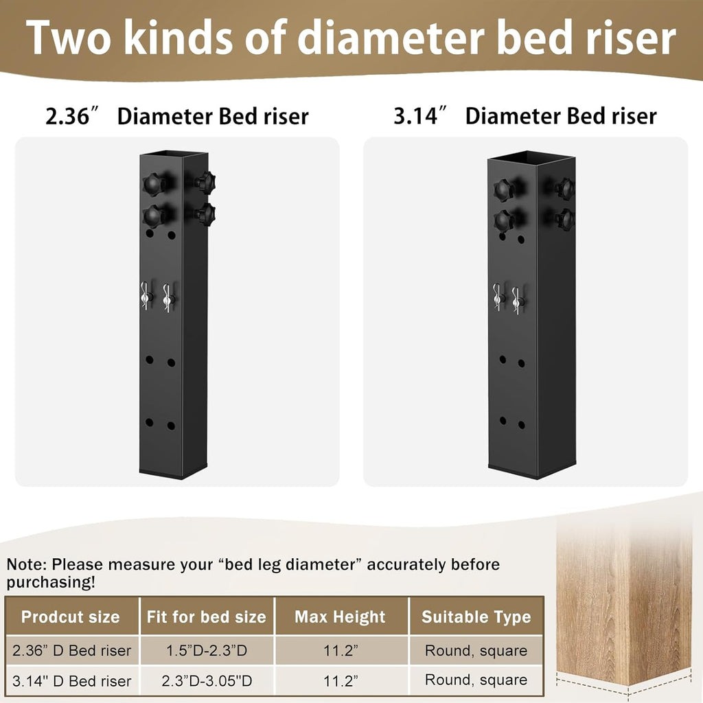 Up Grade 4 Pack Carbon Steel Dorm Bed Riser 3.15" Diameter Metal Bed Riser for Square Wooden Bed Frame, Table Adjustable to 3.2", 5.1", 8.1" or 11.2" Height (for Bed Leg 2.3-3.1")