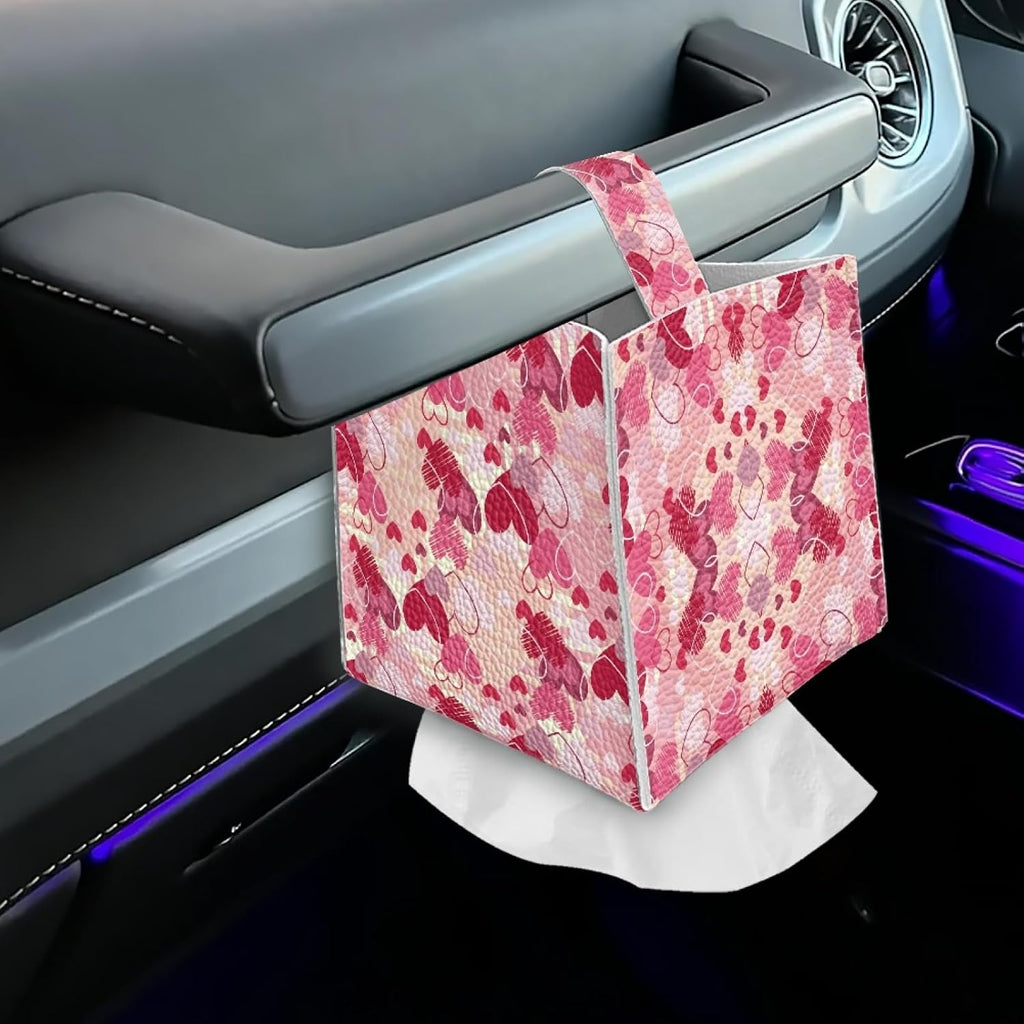 Happy Valentines Day Facial Tissue Box Cover PU Leather Square Tissue Case Dispenser 5.1"X5.1"X5.5" Organizer for Living Room Kitchen Bathroom Home Decor,Pink Love Heart