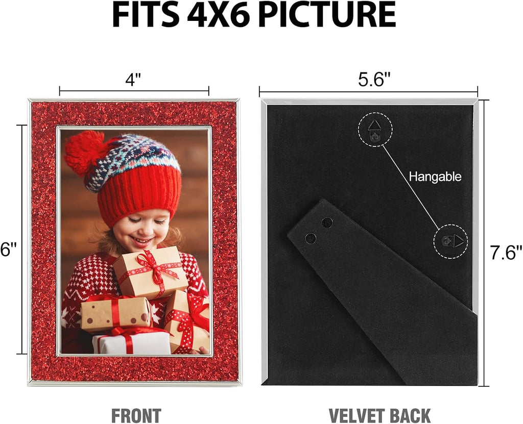 HIKWADERY 4x6 Picture Frame Glitter, Red Bling 4 by 6 Photo Frames with HD Real Glass, for Wall or Tabletop Display, Family Friends Wedding Mother's Day Gift (4 x 6, Red)