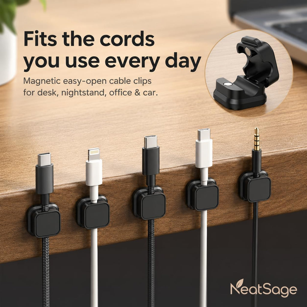 Magnetic Cable Clips - 12 Pack Self-Adhesive Cord Organizer Holders for Desk, Nightstand, Office & Car, Cable Management for Charging Cords, USB Cables & Headphones, Black