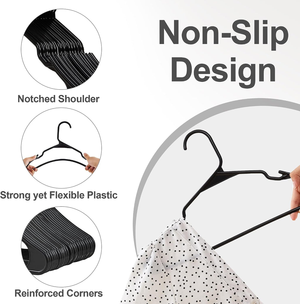 VECELO 25 Pack Plastic Hangers-Clothes Hangers with Shoulder Non Slip Notches,Clothing Hangers for Closet Space Saving-Heavy Duty Coat Hanger,Black