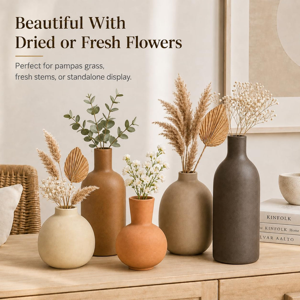 Small Neutral Ceramic Vase Set – Cute 5 Matte Earth-Tone Vases for Japandi, Scandinavian, or Minimalist Home Decor, Table, Entryway, Shelf & Mantel Styling
