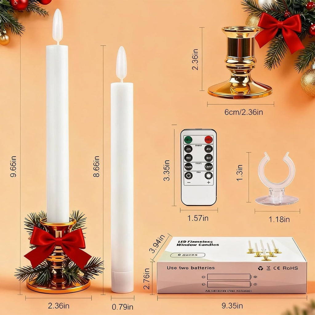 Christmas Window Candles, 6 Pcs Battery Operated Flameless Taper Candles with Remote, Timer, 3D Wick, Holders & Suction Cups for Christmas, Wedding, Halloween Decor
