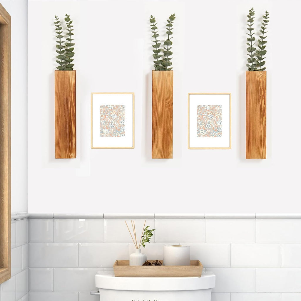 3 Pack Wood Wall Planters with Faux Eucalyptus Stems for Wall Decor