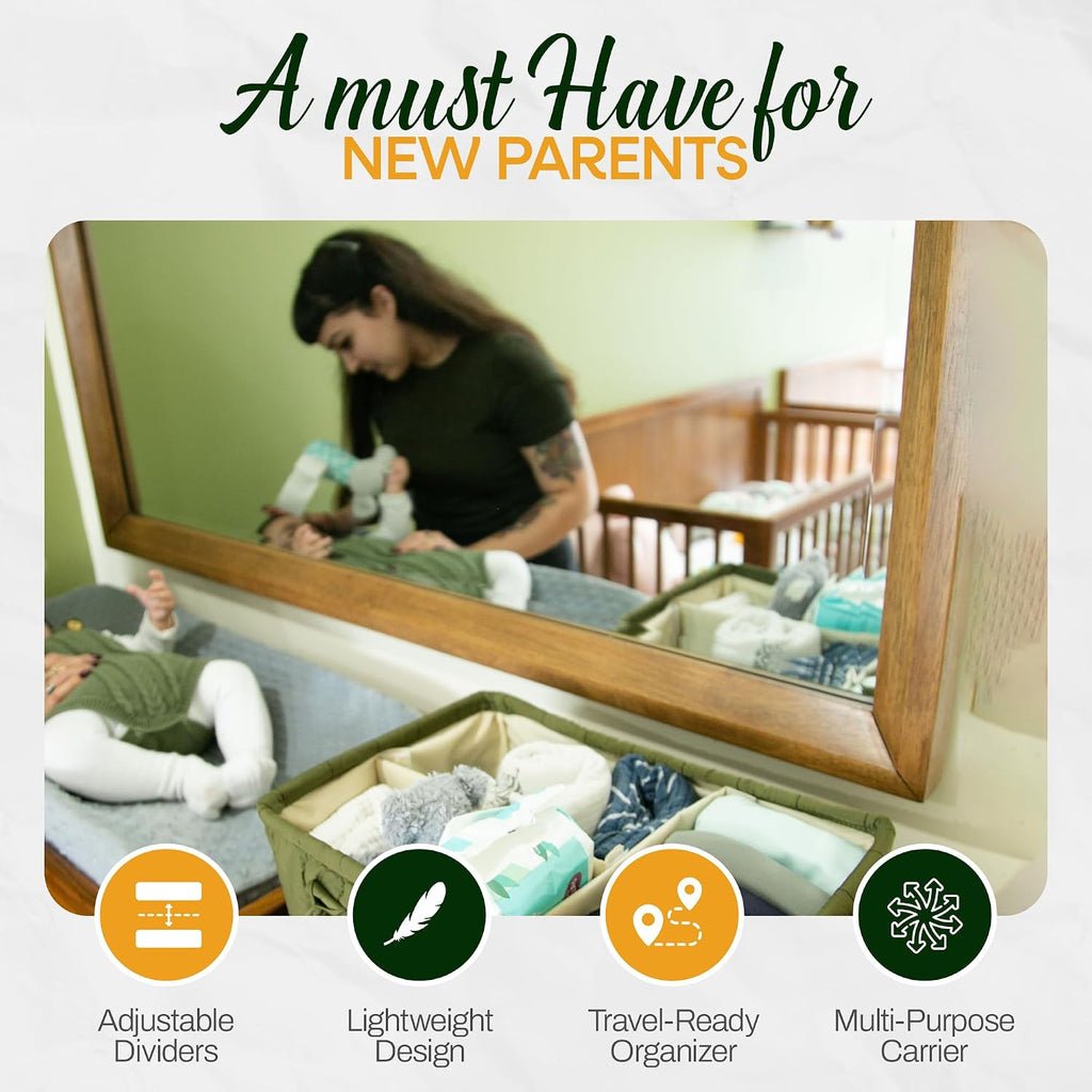 Large Diaper Caddy Organizer with Handle Neutral Boy Girl – Baby Basket for Nursery, Car, Changing Table – Portable Baby Storage with Compartments – Perfect for New Parents and Baby Shower Gifts