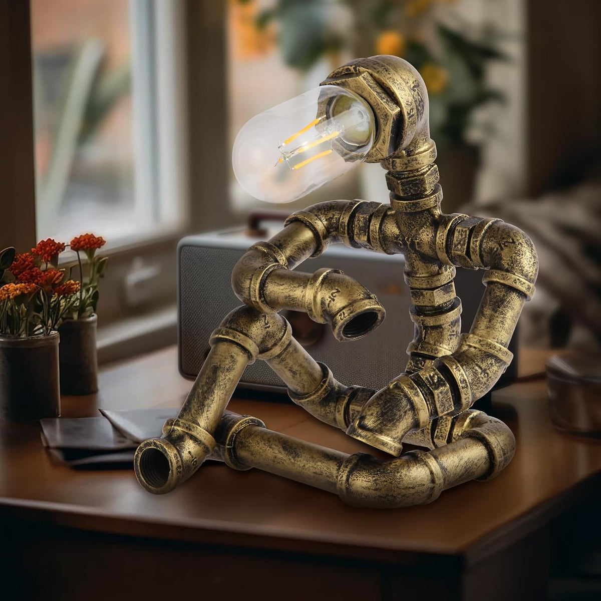 Steampunk Decor Table Lamp for Men Unique Creative Robot Style Desk Lamp,Vintage Industrial Metal Pipe Water Pipe Light, Home Decor Ideal for Bedrooms,Study. (Bronze A)