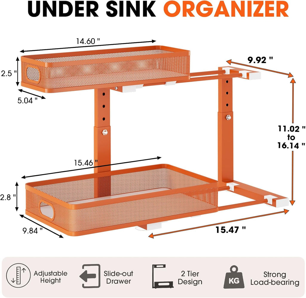 Under Sink Organizer 4-Pack, Metal 2-Tier Pull-Out Cabinet Shelf with Slide-Out Mesh Drawers, Height Adjustable, Space-Saving Under Sink Storage Racks for Kitchen, Bathroom, Laundry Room, Orange