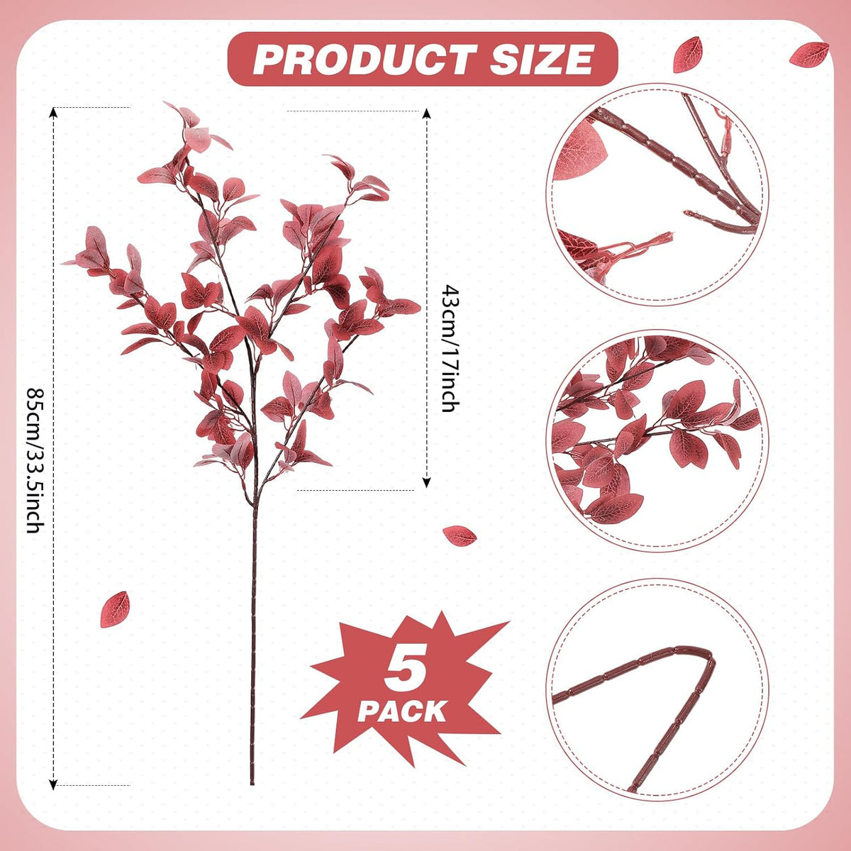 Janinka 5 Pcs Faux Fall Eucalyptus Stems for Vases Farmhouse, Red