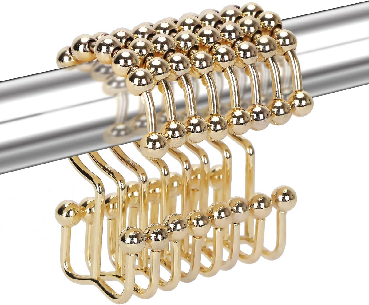Shower Curtain Hooks Rings for Bathroom, 12PCS Stainless Steel Metal Rust Resistant Balance Sliding Double Curtain Hooks (Gold)