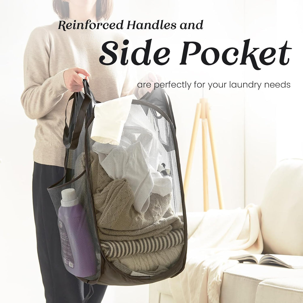 Collapsible Mesh Pop Up Laundry Hamper with Sturdy Handles and Side Pocket - Portable Foldable Clothes Baskets for Dorm, Bathroom & Travel Storage (Black)
