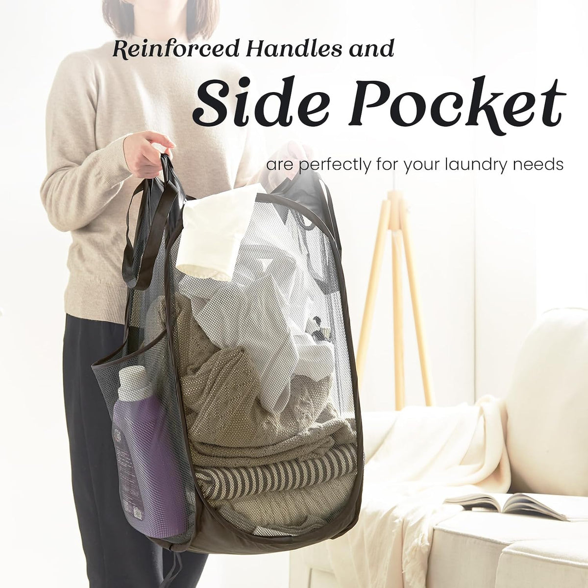 Collapsible Mesh Pop Up Laundry Hamper with Sturdy Handles and Side Pocket - Portable Foldable Clothes Baskets for Dorm, Bathroom & Travel Storage (Black)