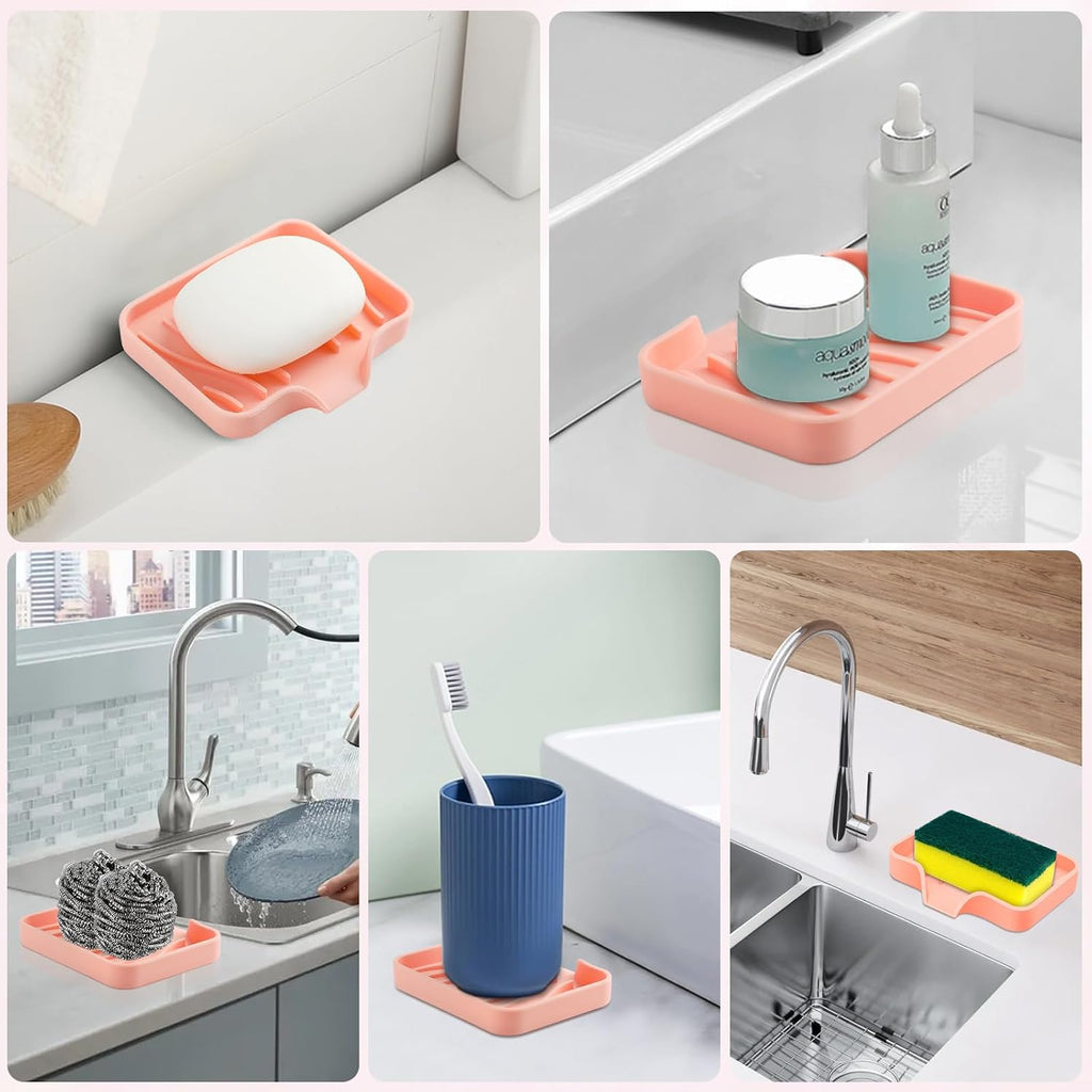 Silicone Soap Dish with Drain, SAISN Kitchen Soap Tray for Shower 2 Pack Self Draining Soap Dish Soft Bathroom Soap Holder for Kitchen Sink Flexible Portable Soap Saver, Pink