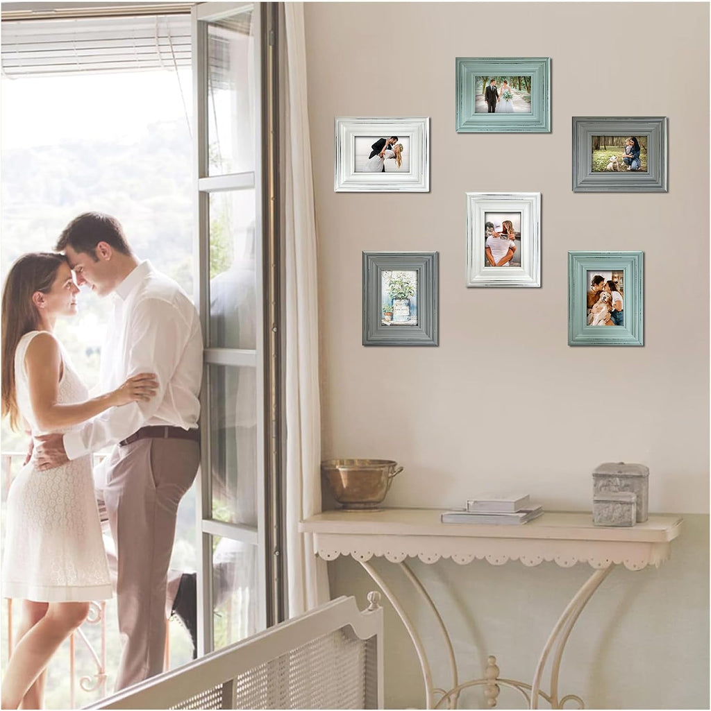 Distressed Shabby Chic 3.5"x5" Wooden Picture Frames 3pcs (Aqua Gray White)