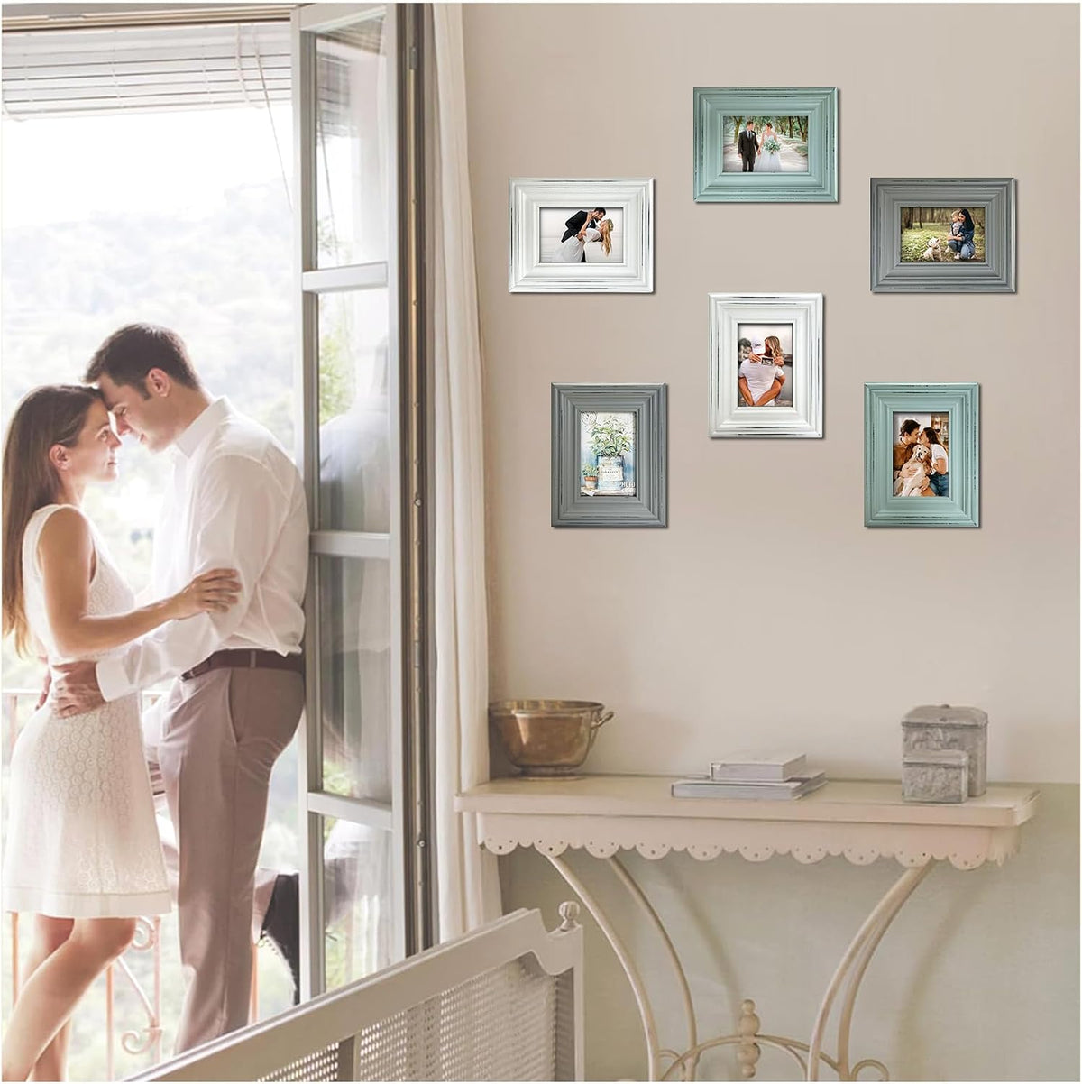 Distressed Shabby Chic 3.5"x5" Wooden Picture Frames 3pcs (Aqua Gray White)