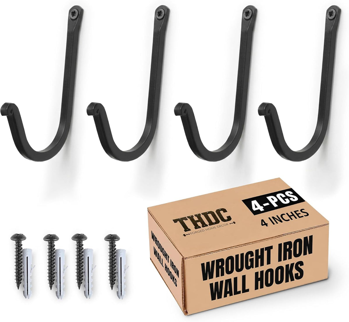 THDC Single Prong Wrought Iron Hooks, Vintage Hand Forged Iron Curved Metal Fasteners – Decorative Colonial Wall Décor, Heavy Duty Wall Hooks, Hangers for Keys, Coats, Robe, Bags, Home, Kitchen (4)