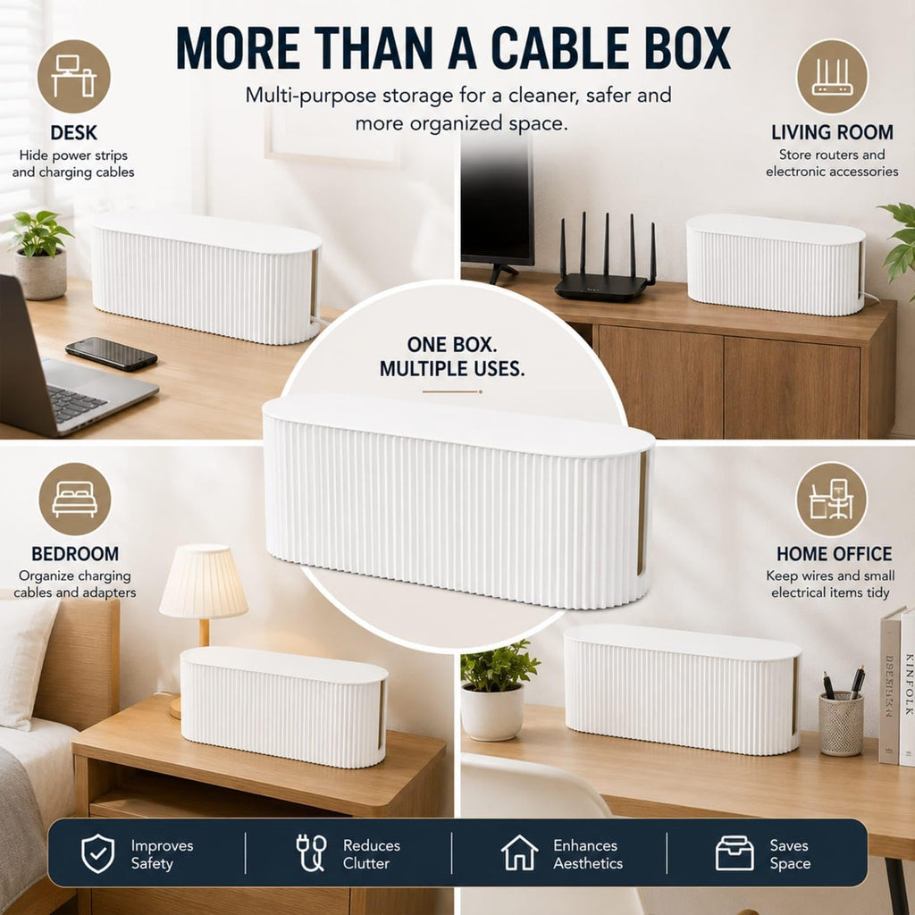 Cable Management Box – Cord Organizer for Desk & TV, Wire Storage Box for Power Strips, Clean & Tidy Cable Organizer for Home & Office (Large)