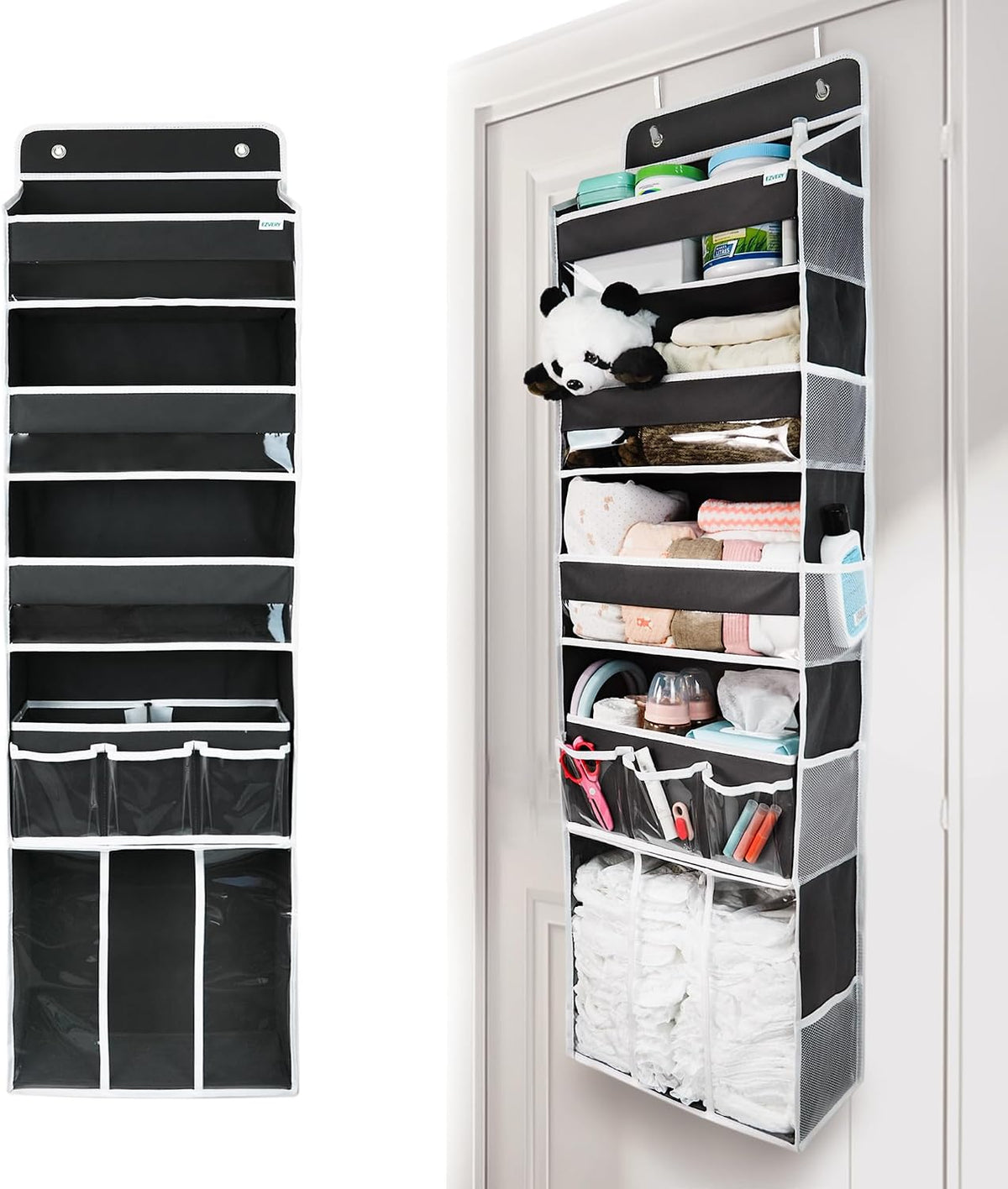 Door Hanging Storage Organizer,with 3 Bins 1 Movable Baby Diaper Caddy,1 Large capacity diaper stacking storage Organizer,10 Side Pockets ,Bedroom Door Storage for Nursery Baby Essentials. (Dark grey)