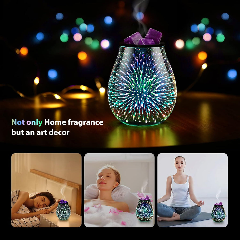 Inrorans Glass Electric Wax Melt Warmer Oil Burner with Stable Heating PTC Reusable Silicone Tray 7 Colorful Changing Led Light Night Light Scent Warmer for Home Fragrance Warmers-Firework