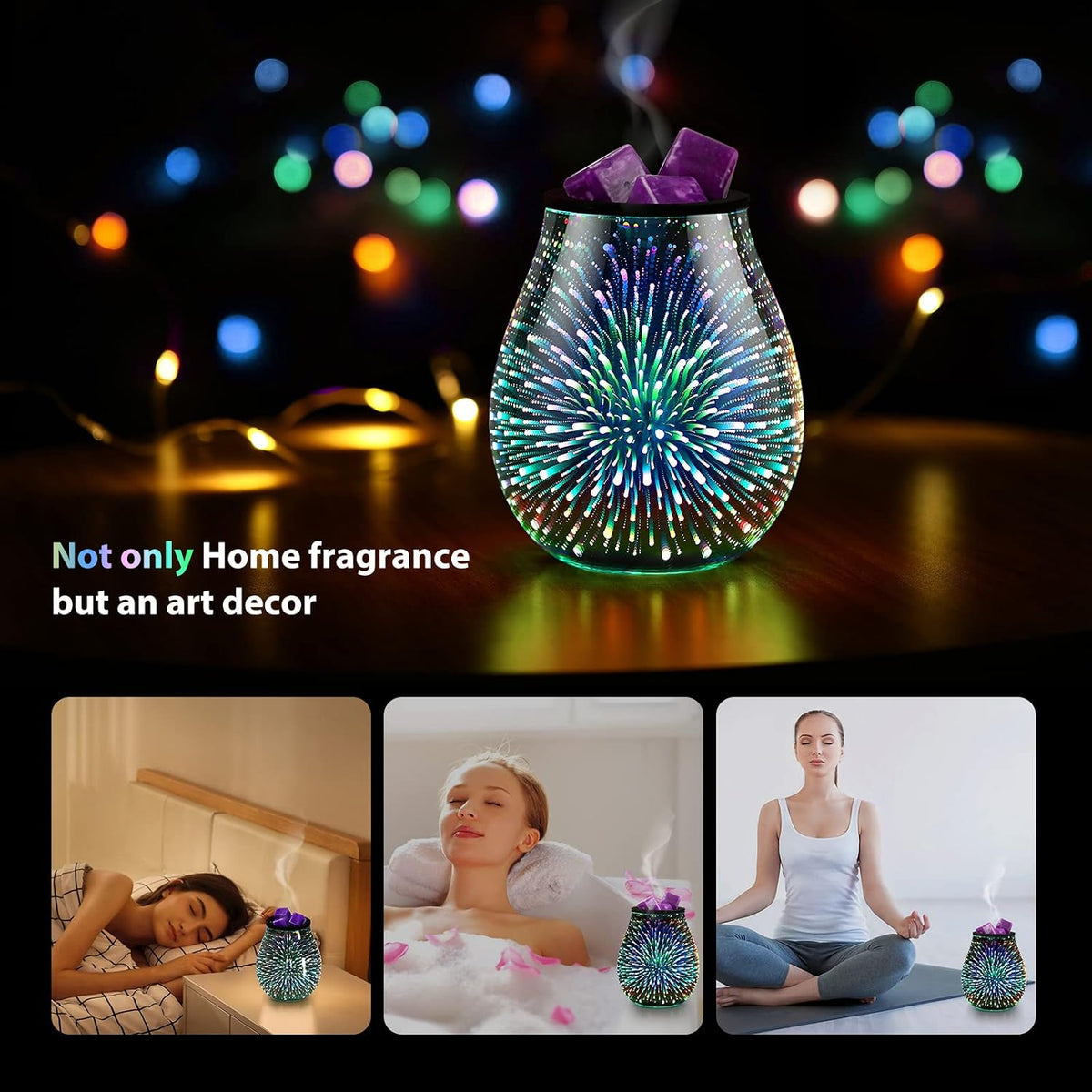 Inrorans Glass Electric Wax Melt Warmer Oil Burner with Stable Heating PTC Reusable Silicone Tray 7 Colorful Changing Led Light Night Light Scent Warmer for Home Fragrance Warmers-Firework