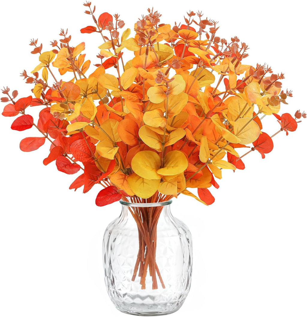 MEILIDY Artificial Eucalyptus Stems, Faux Foliage Branches, Orange, 12 Pcs