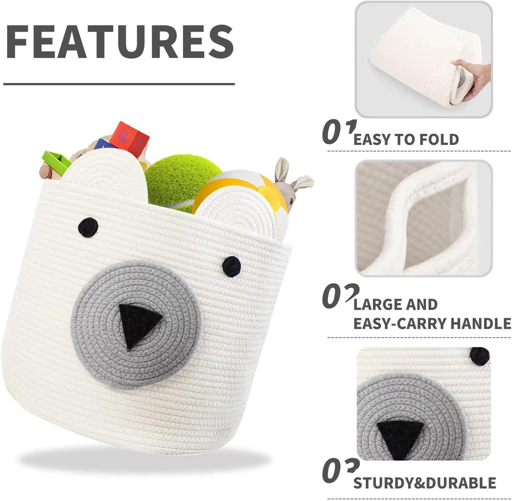 Foldable Woven Laundry Basket with Cute Bear Design - Large Capacity Decorative Organizer for Toys, Blanket, Towels, Clothes - White (16D x 14H inch)