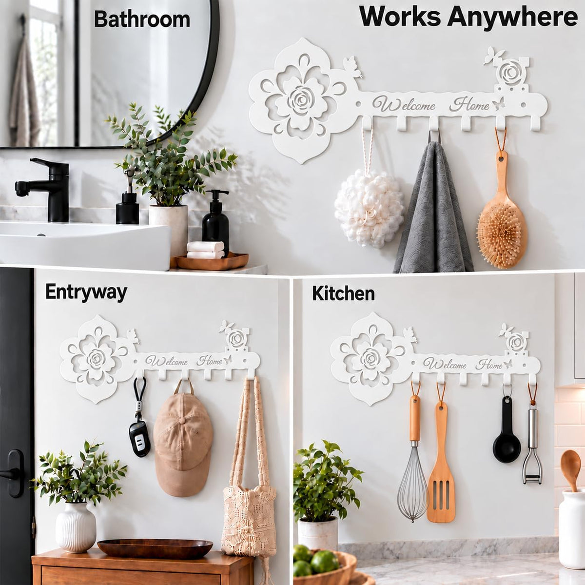 Deveosa Key Hooks Holder for Wall Decorative - Small White Entryway Welcome Home Sign Key Hanging Hangers Wall Mounted Racks