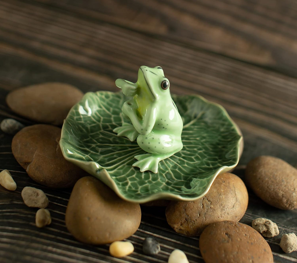 2" Light Green Frog On 4" Wide Lotus Leaf Ceramic Incense Stick Holder Artistic Collectible Figurine for Adult Collectors Interior Accent Gift Handcrafted Porcelain Home Room Decor