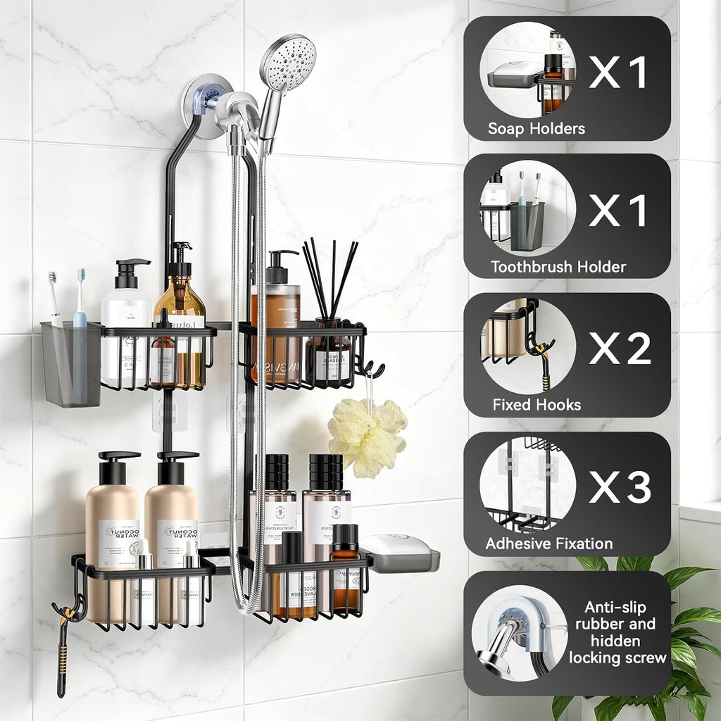 Adjustable Hanging Shower Caddy for Handheld Showerhead, Rustproof Aluminum Over Shower Head Organizer, Renter-Friendly No-Swing Storage for Tall Bottles & Soap, 2-Tier, Black