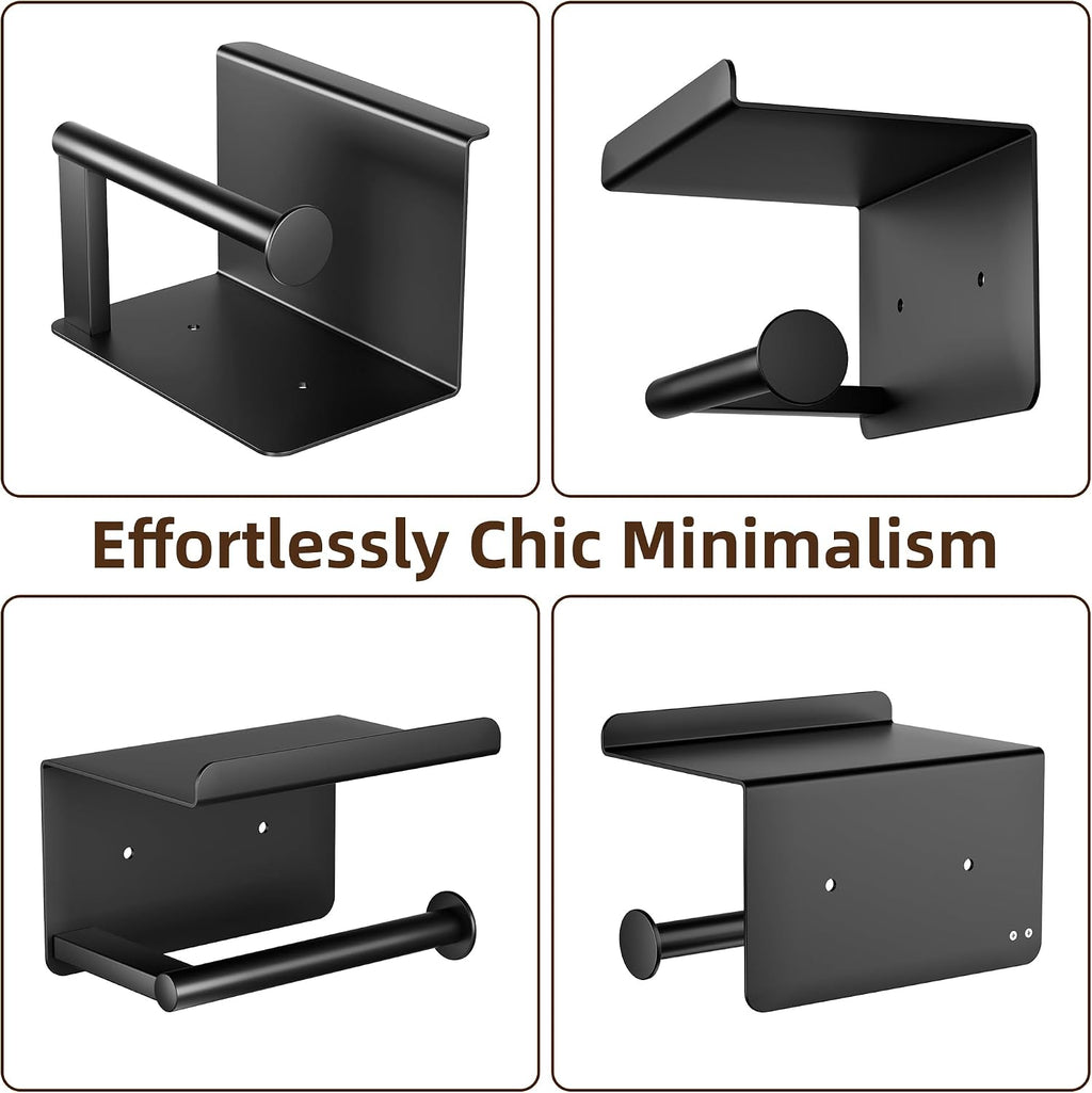 Adhesive Toilet Paper Holder with Shelf, Stainless Steel, Black
