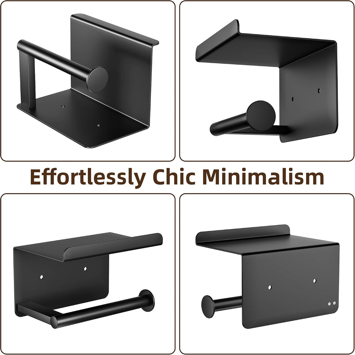 Adhesive Toilet Paper Holder with Shelf, Stainless Steel, Black