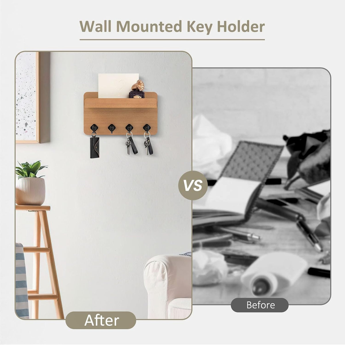 Nekon Key Holder Wall Mount, 8.5 Inch Small Wooden Wall Organizer, Wood