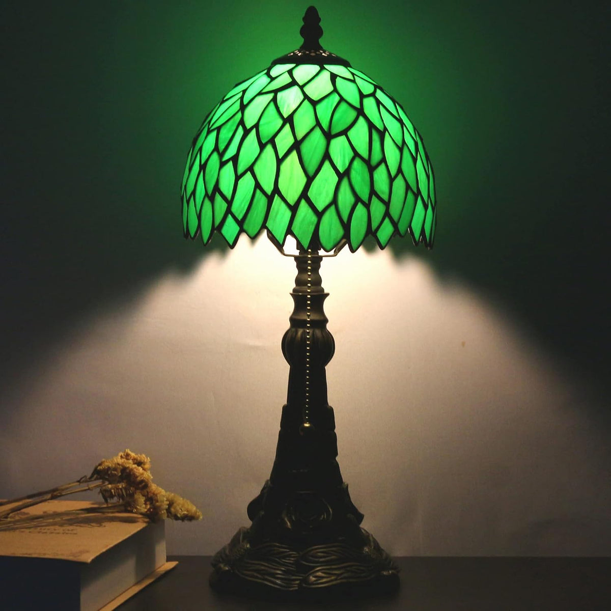 Small Tiffany Lamp Stained Glass Desk Lamp Green Wisteria Leaves Style