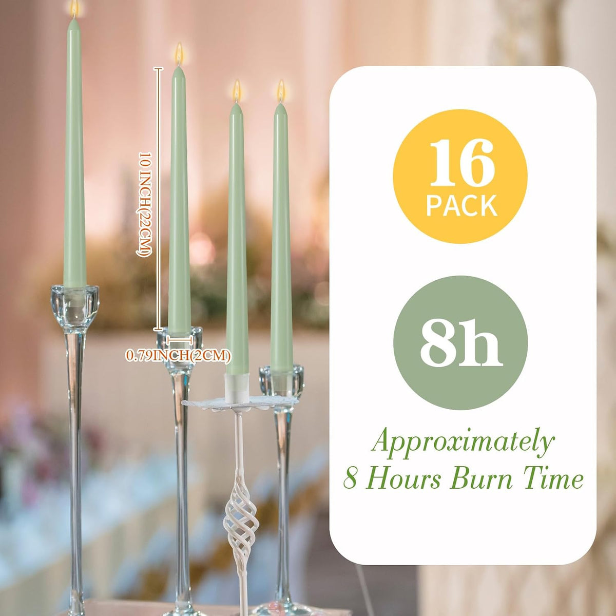 MTLEE 16 Pcs 10 Inch Taper Candle Sticks Smokeless Unscented, Pea Green