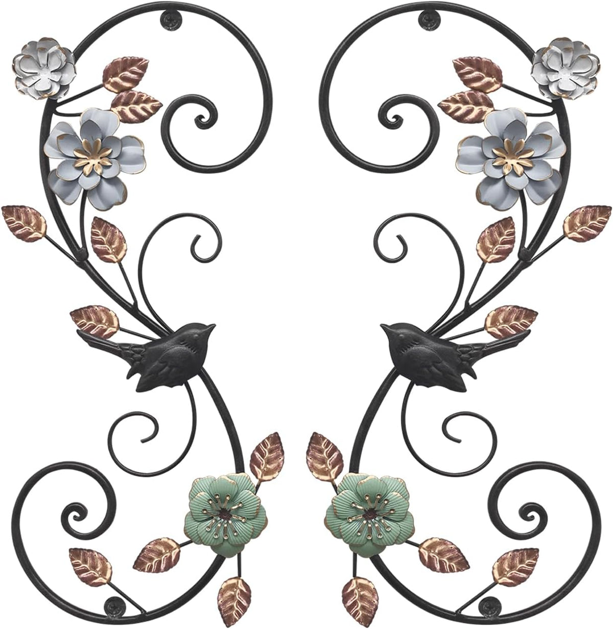 Birminwind 3D Metal Flower Wall Art: 2pcs Vintage Floral Wall Décor with Leaves Bird for Room, 15.16"