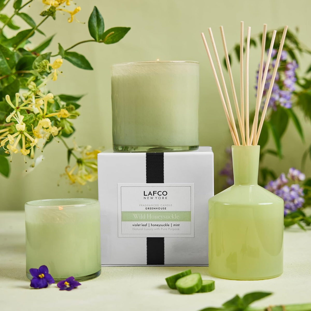 LAFCO New York Classic Reed Diffuser, Wild Honeysuckle - 6 oz - Up to 3 Months Fragrance Life - Reusable Glass Vessel - Natural Wood Reeds - Made in the USA