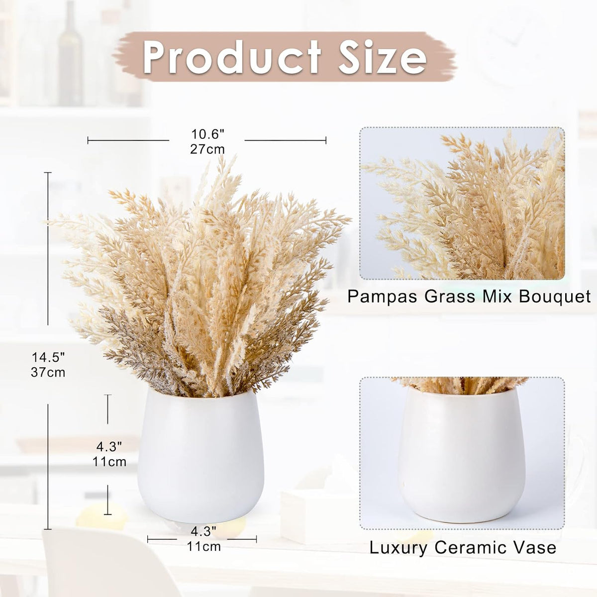 Faux Pampas Grass with Vase, Artificial Pampas Grass Flowers Bouquet Plant Fluffy Boho Home Decor Fake Pompass Pompous Grass Floral Arrangement for Wedding Party Table Room Decorations Broze