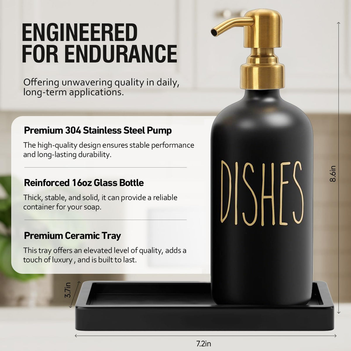 MOMEEMO Soap Dispenser for Kitchen Sink with Ceramic Tray, Black & Gold