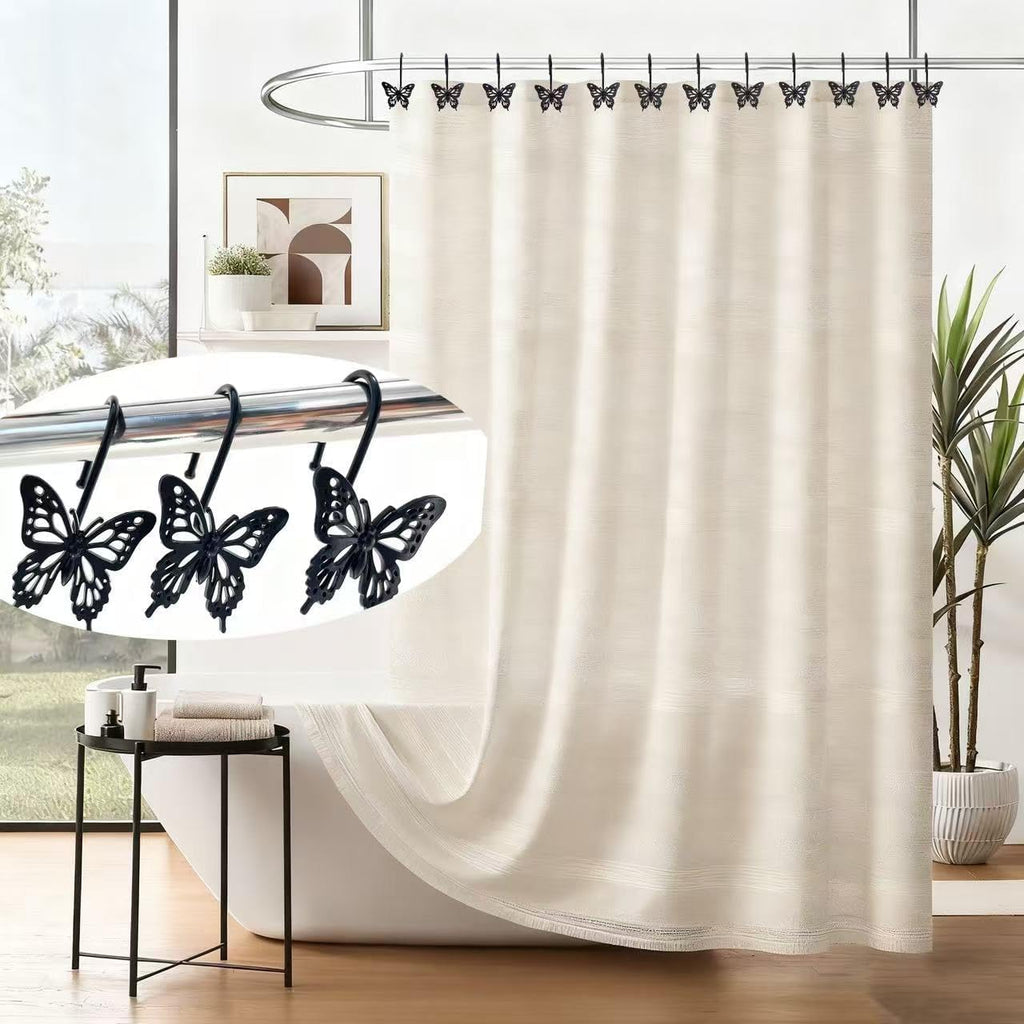 12PCS Decorative Shower Curtain Hooks, Metal Shower Curtain Rings, Rustproof Shower Curtain Hanger for Bathroom, Elegant Butterfly Design (Black)