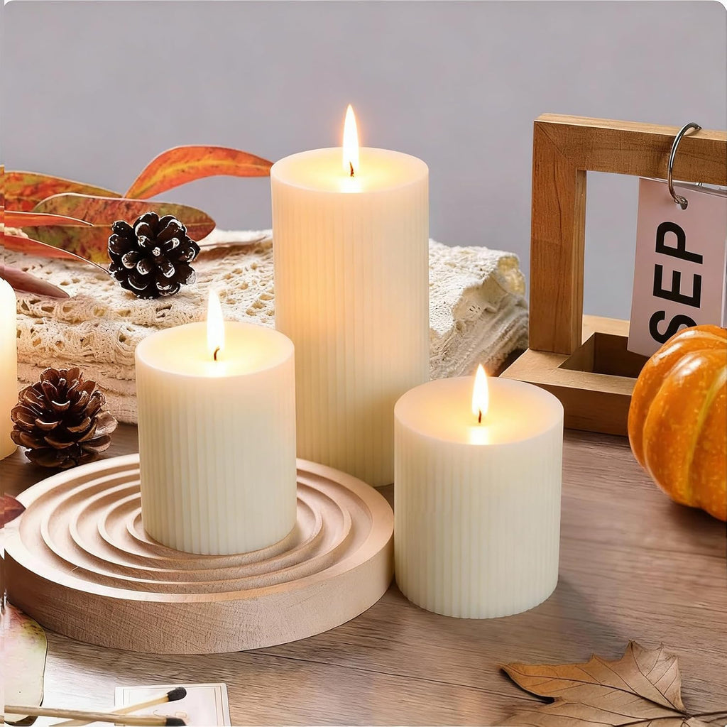 Tall Ribbed Pillar Candles 3x8 Inch 3 Pack White Soy