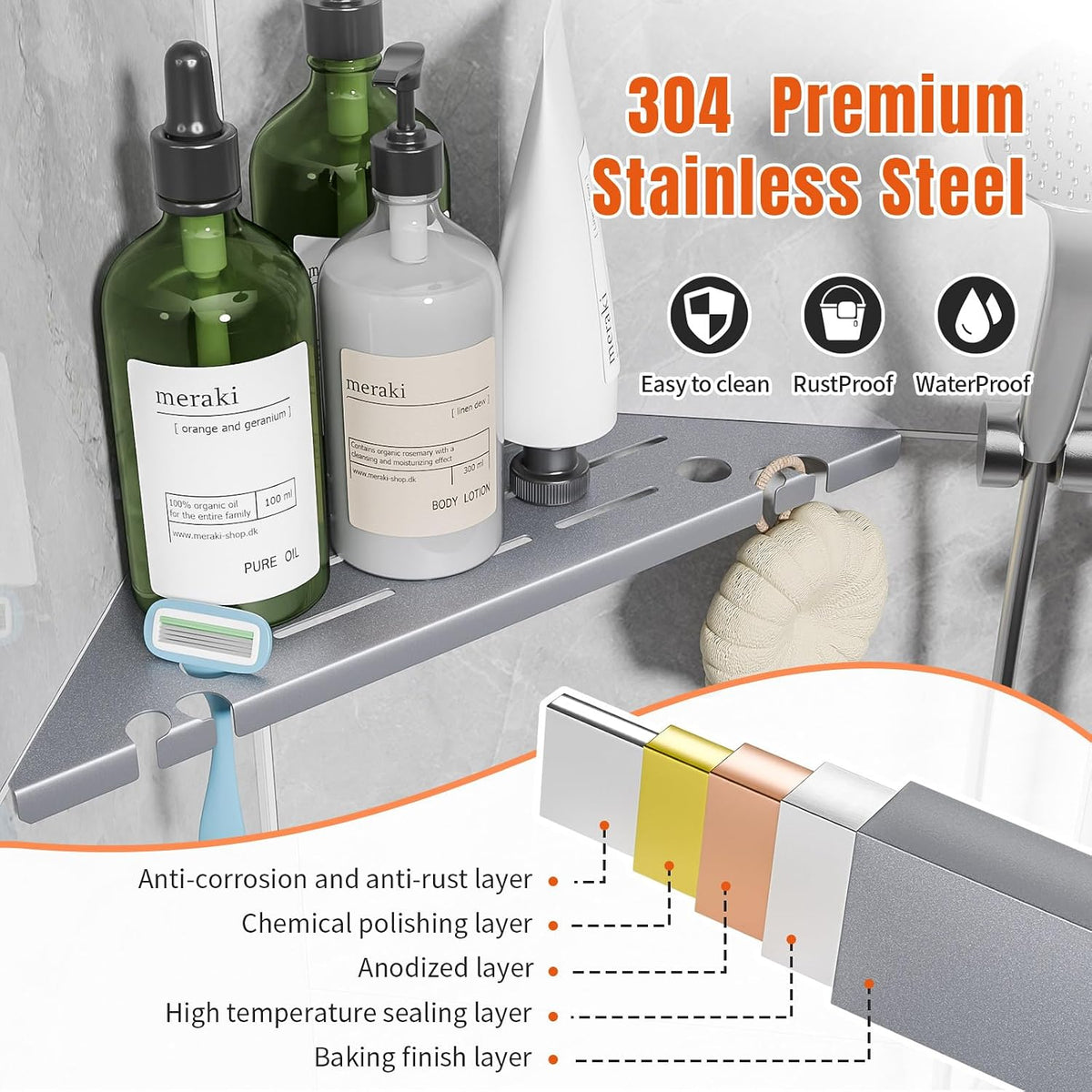 Shower Corner Shelf Organizer Rack with Hooks & Razor Hole, 2Pack-Silver