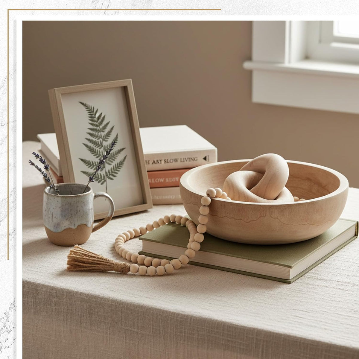 Novabright Farmhouse Wooden Decorative Bowl Set with Chain Beads, Natural