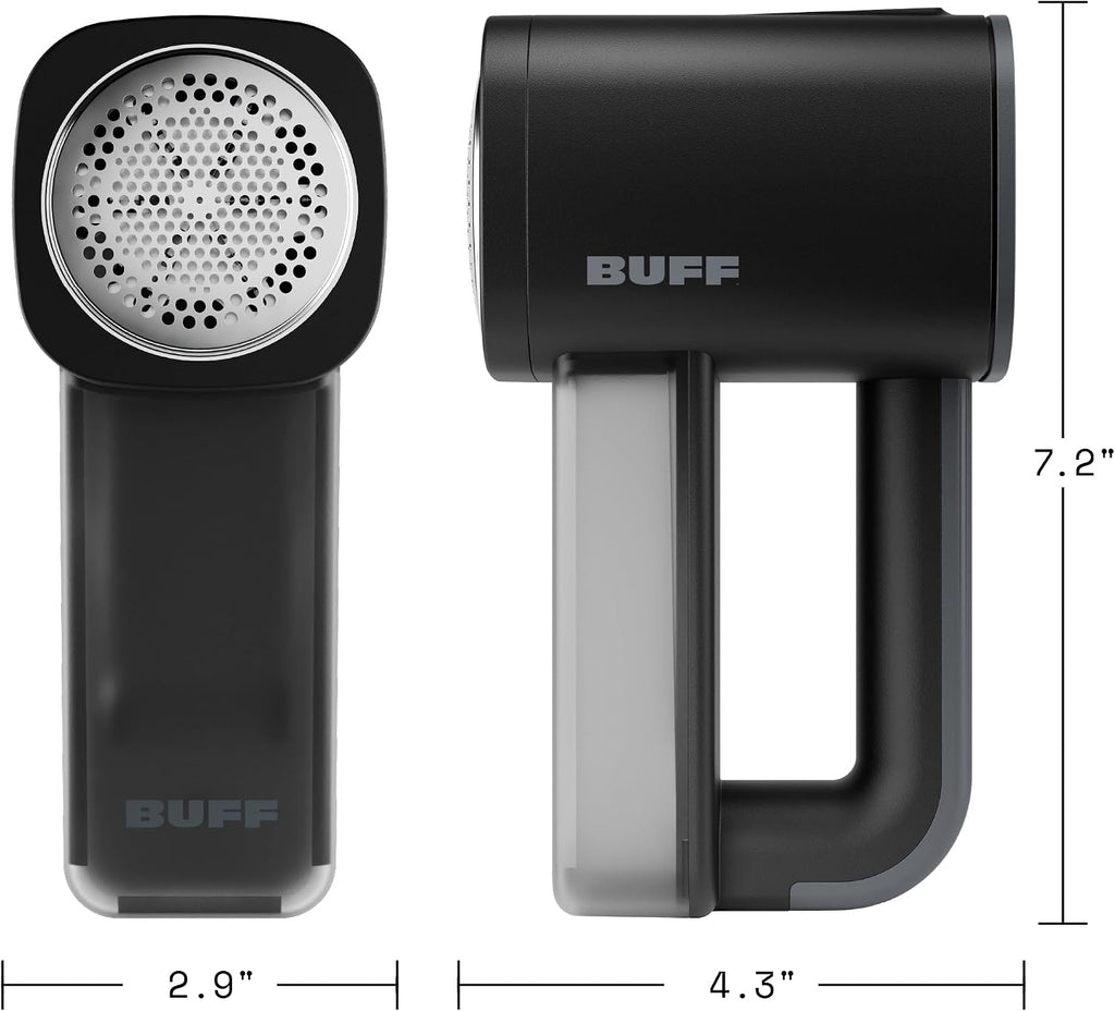 BUFF Fabric Shaver + Lint Remover, Sweater Defuzzer with 3 Motor Speeds, Remove Pills from Blankets, Couch, Clothing, Furniture, Stainless Steel Blade, USB-C Rechargeable – Black