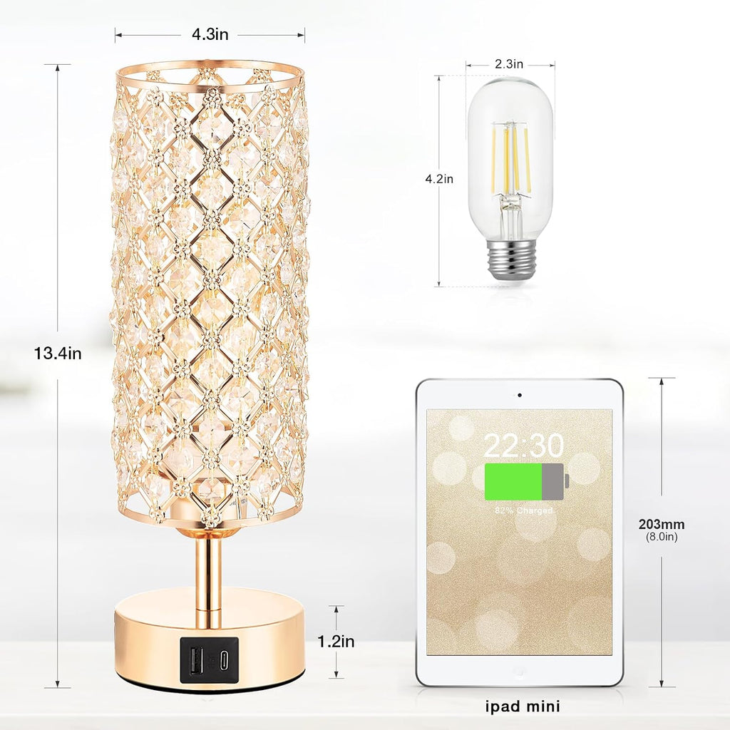 Hong-in Gold Crystal Touch Lamp for Bedroom with USB-C/A, Bulb Included